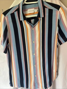 Topman Navy, Light Blue, Pink & Orange Vertical Stripe Short Sleeve Shirt